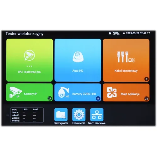 Ekran testera wielofunkcyjnego z kolorowymi ikonami aplikacji, takimi jak IPC Testować pro, Auto HD, Kamery IP i inne. Na dole znajdują się ikony File Explorer, Ustawienia i Narz. sieciowe.