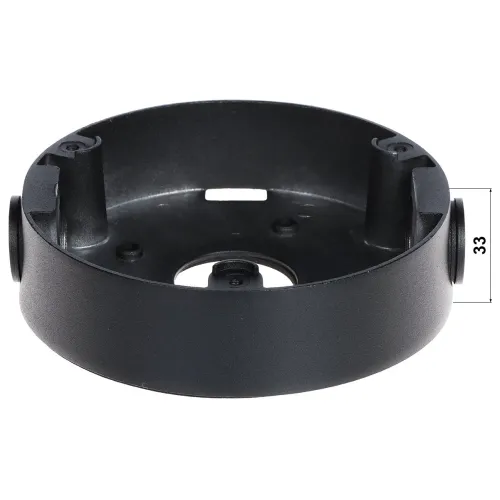 Czarna, okrągła podstawa montażowa z tworzywa sztucznego o wysokości 33 mm, z otworami na śruby i centralnym otworem na przewody. Widoczna jest z boku, ukazując jej głębokość i konstrukcję wewnętrzną.