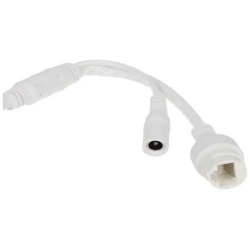 Biały kabel z wtykiem DC i złączem RJ45 na końcach. Kabel posiada dodatkowe zabezpieczenie w postaci osłony na złączu RJ45.