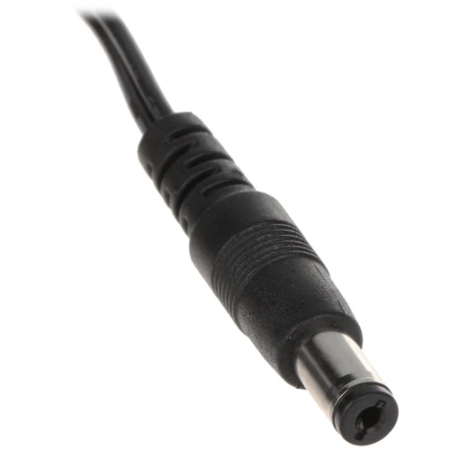 Zdjęcie przedstawia czarny kabel z wtykiem zasilającym DC, zakończony metalową końcówką. Wtyk posiada żłobienia na obudowie dla lepszego chwytu.