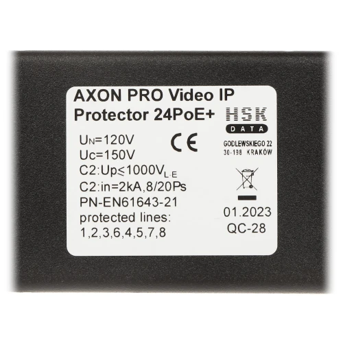 Zdjęcie przedstawia etykietę urządzenia Axon Pro Video IP Protector 24PoE+ z danymi technicznymi, takimi jak napięcia i prądy znamionowe. Etykieta zawiera również informacje o producencie, numerze partii oraz dacie produkcji.