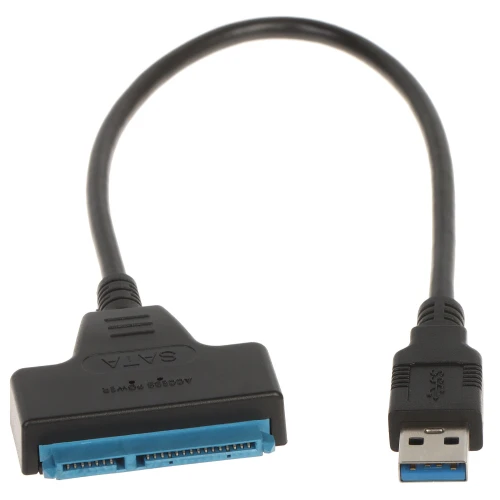 Adapter do dysków z interfejsem USB 3.0 na SATA, z czarnym kablem i niebieskimi złączami. Po lewej stronie znajduje się złącze SATA, a po prawej złącze USB.