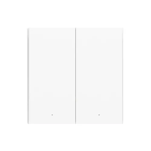 Podwójny biały włącznik światła o minimalistycznym designie z delikatnymi zaokrągleniami na krawędziach. Na dole każdego przycisku znajduje się mała, subtelna kropka.