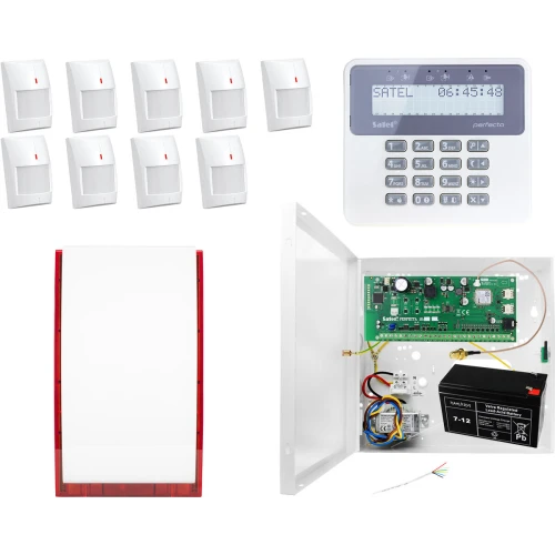 Bezprzewodowy System alarmowy SATEL: Płyta Główna Perfecta 16-WRL + Manipulator PRF-LCD-WRL+ 9 x Czujka MPD-300 , Sygnalizator Bezprzewodowy MSP-300 + Akcesoria