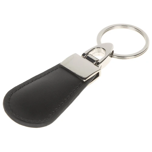 Czarny brelok zbliżeniowy RFID z metalowym wykończeniem i kółkiem na klucze. Brelok ma elegancki, nowoczesny design z gładką powierzchnią.