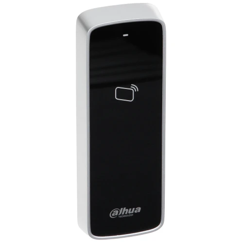 Na zdjęciu znajduje się czarny czytnik zbliżeniowy Dahua ASR1200D-D z logo producenta na dole. Urządzenie ma prostokątny kształt z zaokrąglonymi krawędziami i ikoną karty zbliżeniowej na środku.