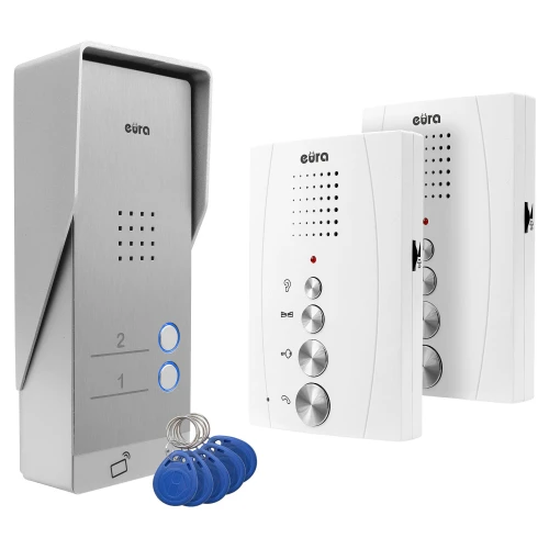Domofon EURA ADP-62A3 - biały, dwurodzinny, głośnomówiący, obsługa 2 wejść, czytnik RFID