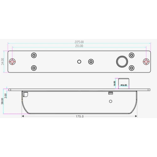 Schemat elektrozamka EB-1700 przedstawia jego wymiary i układ montażowy. Widoczne są szczegóły dotyczące otworów montażowych oraz elementów mechanicznych.