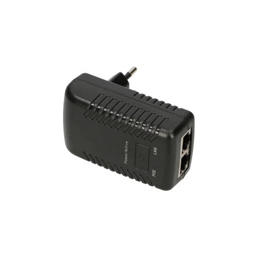 Czarny adapter z wtyczką sieciową i dwoma portami Ethernet oznaczonymi jako LAN i PoE. Na obudowie widoczne są napisy "Power Active" oraz "LAN".
