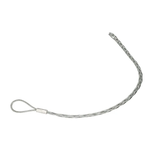 Zdjęcie przedstawia metalową linkę z pętlą na jednym końcu i splecioną strukturą na drugim. Linka jest ułożona na białym tle, co podkreśla jej metaliczną teksturę.