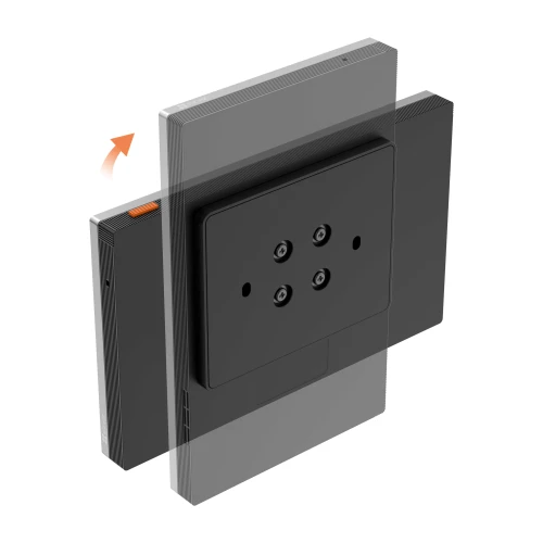 Przedstawiono nowoczesny, czarny panel dotykowy z czterema okrągłymi przyciskami, ukazany w perspektywie z boku i z przodu. Obok panelu znajduje się strzałka wskazująca możliwość jego wysunięcia lub montażu.