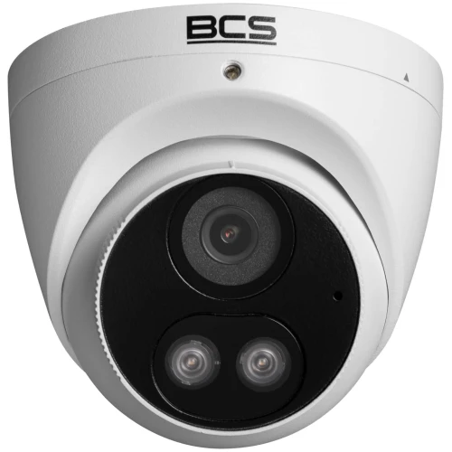 Biała kamera kopułkowa BCS z dwoma obiektywami i logo na górze. Urządzenie ma nowoczesny design i jest przeznaczone do monitoringu.