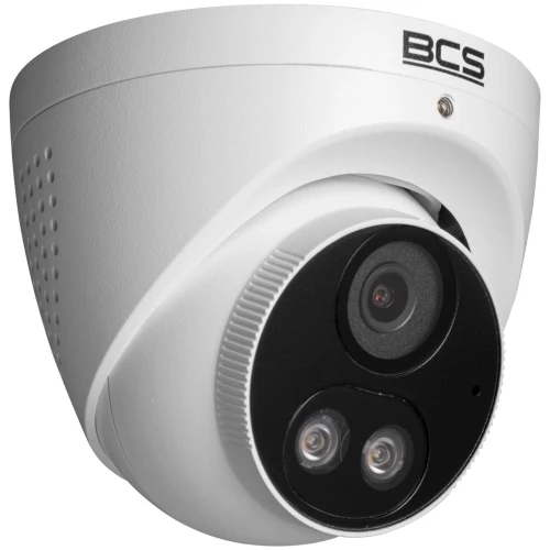 Biała kamera kopułkowa BCS z dwoma diodami LED i obiektywem umieszczonym centralnie. Kamera ma nowoczesny design i jest przeznaczona do monitoringu wizyjnego.