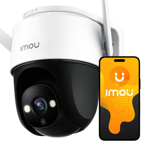 Na zdjęciu znajduje się kamera IP Imou IPC-S22FP Cruiser w kolorze czarno-białym, z widocznymi diodami i obiektywem. Obok kamery pokazany jest smartfon z aplikacją Imou na ekranie.