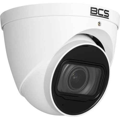 Biała kamera kopułowa BCS o rozdzielczości 8MPx z obiektywem motozoom, przeznaczona do monitoringu wizyjnego. Posiada solidną obudowę i nowoczesny design, idealna do zastosowań zewnętrznych i wewnętrznych.