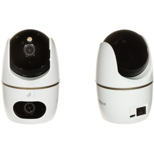 Zdjęcie przedstawia dwie kamery obrotowe WiFi marki Dahua, ukazane z przodu i z tyłu. Kamery mają biało-czarną obudowę z widocznymi obiektywami i portami.