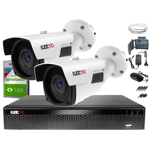 Keeyo Zestaw monitoringu 2 x Kamera zewnętrzna IR 60m H265+ Zoom 1TB