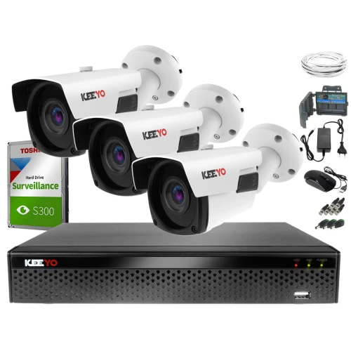 Keeyo Zestaw monitoringu 3 x Kamera zewnętrzna IR 60m H265+ Zoom 1TB