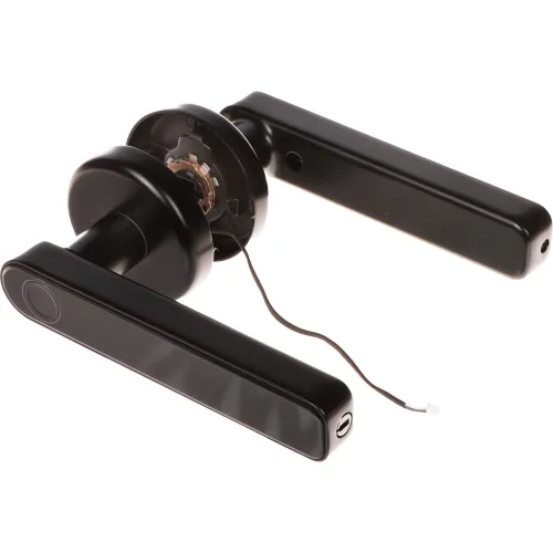 Czarna klamka z zamkiem szyfrowym i widocznym okablowaniem. Produkt przeznaczony do inteligentnego zarządzania dostępem.