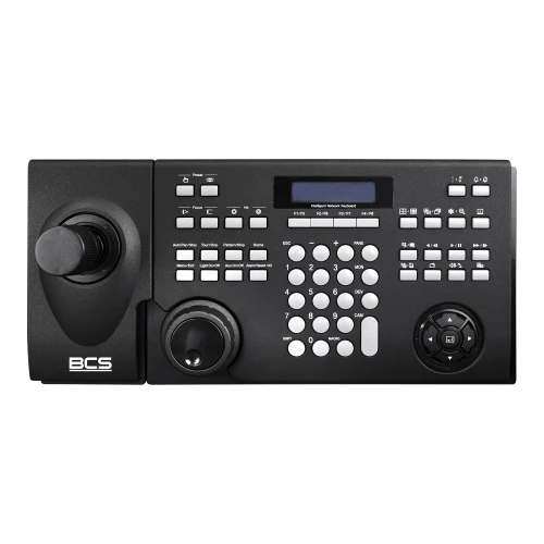 Czarna klawiatura sieciowa BCS z wieloma przyciskami, joystickiem i wyświetlaczem LCD. Urządzenie posiada ergonomiczny układ przycisków i pokręteł, przeznaczone do zaawansowanego sterowania systemami monitoringu.