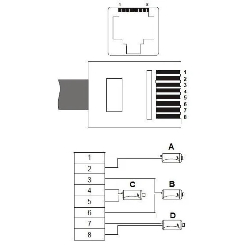 Schemat przedstawia kolejność ułożenia przewodów wewnątrz wtyku RJ-45 według standardu. Ilustracja pokazuje numerację pinów oraz sposób ich połączenia z przewodami.