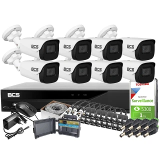 Kompletny zestaw po skrętce do monitoringu hali magazynu sklepu 8 kamer BCS-TQE3200IR3-B Rejestrator BCS-XVR0801-V Dysk 1TB 