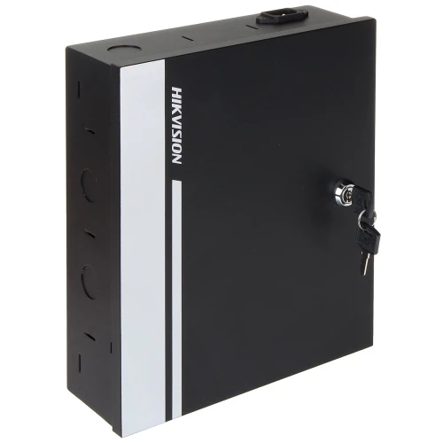 Czarny kontroler dostępu Hikvision DS-K2801 z metalową obudową i zamkiem na klucz. Na przedniej części widoczne jest logo Hikvision oraz pionowy biały pasek.