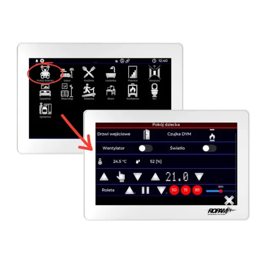 Na zdjęciu znajdują się dwa ekrany dotykowe z interfejsem do zarządzania inteligentnym domem, pokazujące różne opcje sterowania, takie jak oświetlenie, temperatura i rolety. Ekrany mają czarne tło z białymi ikonami i tekstem, a jeden z nich jest oznaczony czerwoną strzałką i okręgiem.