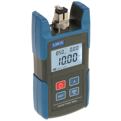 Miernik mocy optycznej SP-OM36mini Spacetronik posiada wyświetlacz cyfrowy oraz przyciski funkcyjne, umożliwiające precyzyjne pomiary. Urządzenie jest kompaktowe, z niebiesko-szarym obudowaniem i złączem na górze.