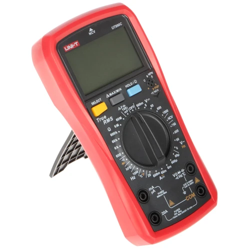 Na zdjęciu znajduje się miernik uniwersalny UT890C marki UNI-T w czerwonej obudowie z dużym wyświetlaczem LCD. Posiada pokrętło do wyboru funkcji pomiarowych oraz liczne przyciski i gniazda pomiarowe.