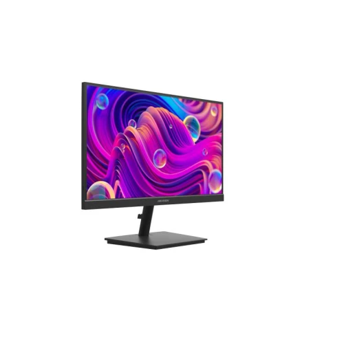 Monitor Hikvision DS-D5022F2 z cienkimi ramkami, wyświetlający kolorową, abstrakcyjną grafikę z falistymi wzorami i bąbelkami. Monitor stoi na prostokątnej podstawie, a ekran jest lekko odchylony do tyłu.