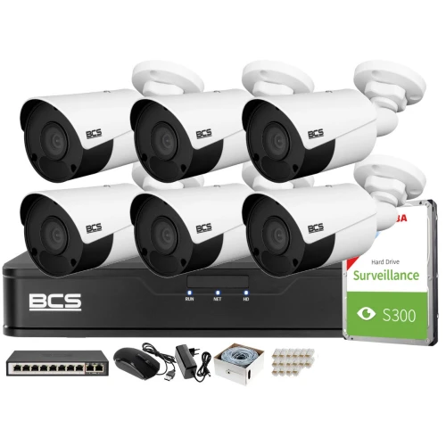 Monitoring 4K zestaw do firmy domu BCS Rejestrator IP BCS-P-NVR0801-4K-E 6x Kamer BCS-P-418RW Akcesoria