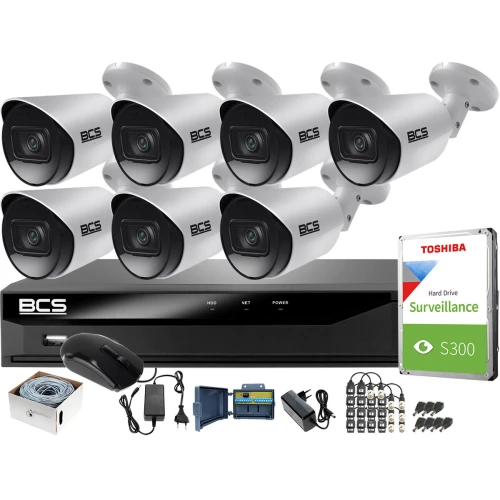 Monitoring 5MPx zestaw do firmy domu BCS Rejestrator cyfrowy hybrydowy BCS-XVR08014KE-III 7x Kamer BCS-TA15FSR3 Akcesoria
