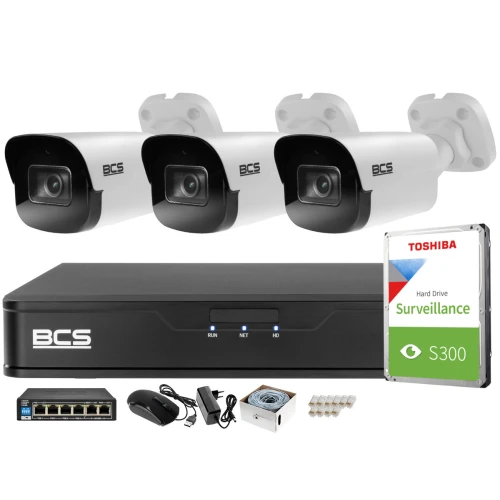 Monitoring 4MPx zestaw do firmy domu BCS Rejestrator IP BCS-P-NVR0401-4K-E 3x Kamer BCS-P-TIP24FSR4-Ai1 Akcesoria