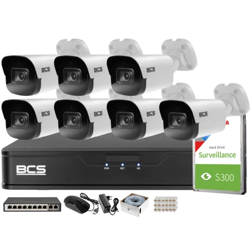 Monitoring 4MPx zestaw do firmy domu BCS Rejestrator IP BCS-P-NVR0801-4K-E 7x Kamer BCS-P-TIP24FSR4-Ai1 Akcesoria