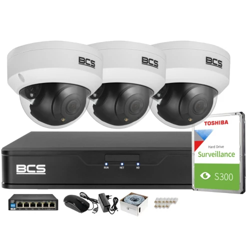 Monitoring Full HD zestaw do firmy domu BCS Rejestrator IP BCS-P-NVR0401-4K-E 3x Kamer BCS-P-DIP12FWR3 Akcesoria