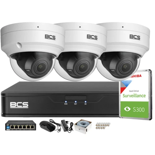 Monitoring Full HD zestaw do firmy domu BCS Rejestrator IP BCS-P-NVR0401-4K-E 3x Kamer BCS-P-DIP42VSR4 Akcesoria