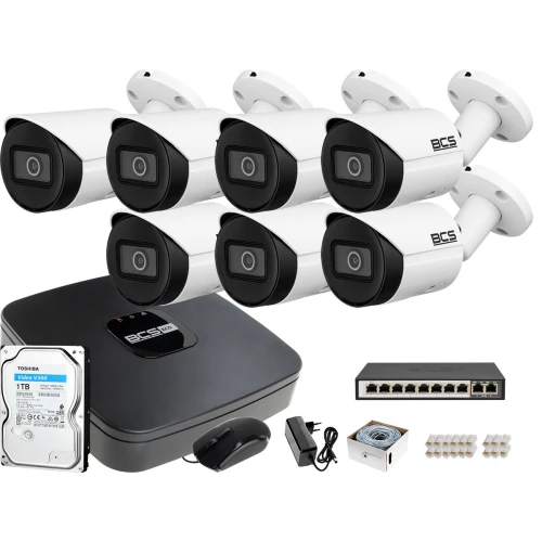 Monitoring IP samodzielny montaż Rejestrator BCS-NVR08015ME-II 7x Kamera tubowa BCS-TIP3501IR-E-V 1TB