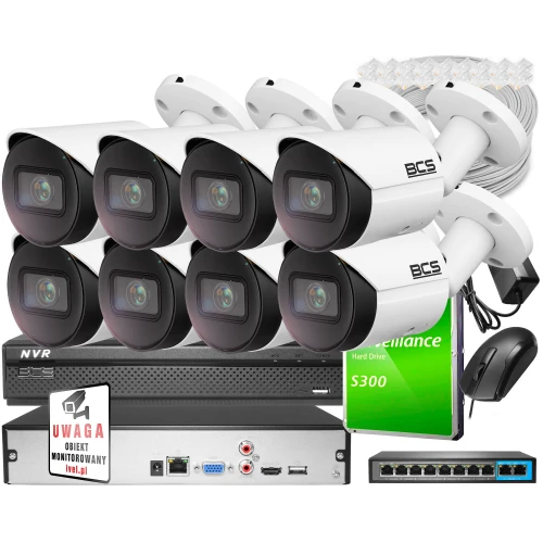 Monitoring do samodzielnego montażu - zestaw: 8 kamer BCS-TIP3501IR-E-V 5MPx, rejestrator BCS-L-NVR0801-4KE, dysk 1TB, skrętka