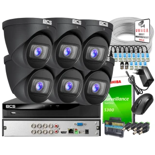 Monitoring do samodzielnego montażu - zestaw: 6 kamer BCS-EA45VSR6-G 5MPx, rejestrator BCS-L-XVR0801-V 5MPx lite, dysk 1TB, skrętka