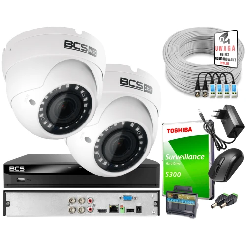 Monitoring po skrętce Full HD BCS Basic Full HD 2MPx 1TB H265+ 2 x Kamera kopułkowa 2.8mm IR 40m