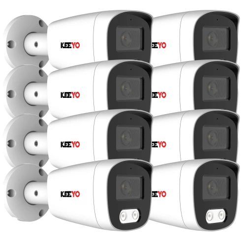 Zdjęcie przedstawia zestaw ośmiu białych kamer tubowych z czarnymi frontami, ułożonych w dwóch rzędach. Kamery mają logo "KEEYO" i są przeznaczone do montażu na ścianie.