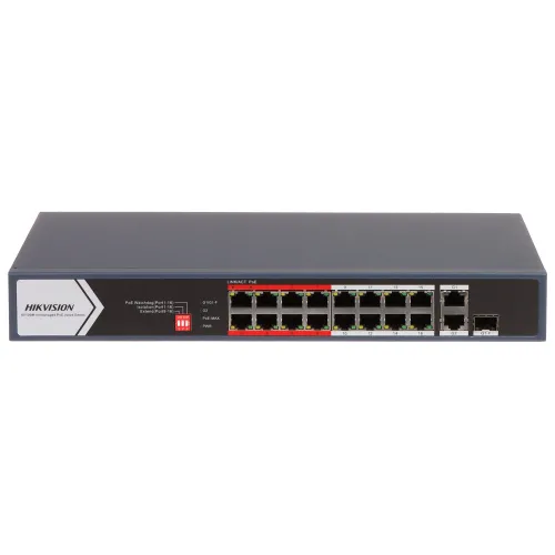 Na zdjęciu znajduje się panel przedni przełącznika sieciowego Hikvision z 16 portami Ethernet, oznaczonymi numerami od 1 do 16. Po lewej stronie widoczna jest nazwa marki oraz kilka ikon i wskaźników LED.