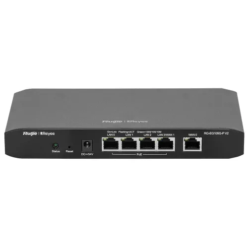 Na zdjęciu znajduje się czarny panel przedni urządzenia sieciowego z pięcioma portami Ethernet oznaczonymi jako LAN i WAN. Po lewej stronie widoczne są przyciski statusu i resetu oraz gniazdo zasilania.