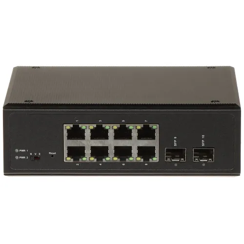 Na zdjęciu znajduje się czarny panel przedni urządzenia sieciowego z ośmioma portami Ethernet i dwoma portami SFP. Po lewej stronie widoczne są diody LED oraz przycisk reset.