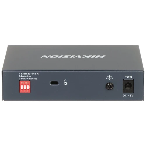 Na zdjęciu znajduje się tylny panel urządzenia sieciowego marki Hikvision, z widocznymi portami i przełącznikami. Panel zawiera złącze zasilania DC 48V, przełączniki DIP oraz wskaźniki LED.