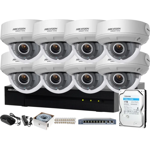 Profesjonalny monitoring banku Hikvision Hiwatch Rejestrator IP HWN-4108MH + 8x Kamera FullHD HWI-D620H-Z + Akcesoria