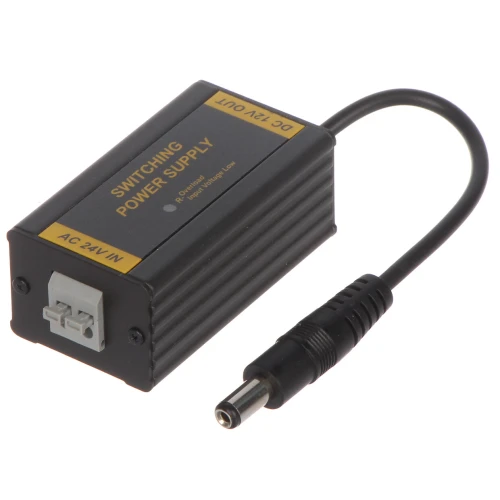 Przetwornica zasilania w czarnej obudowie z oznaczeniami "SWITCHING POWER SUPPLY" i "AC 24V IN" oraz wyjściem DC z kablem zakończonym wtykiem. Produkt przeznaczony do konwersji napięcia z AC 24V na DC, idealny do zasilania urządzeń elektronicznych.