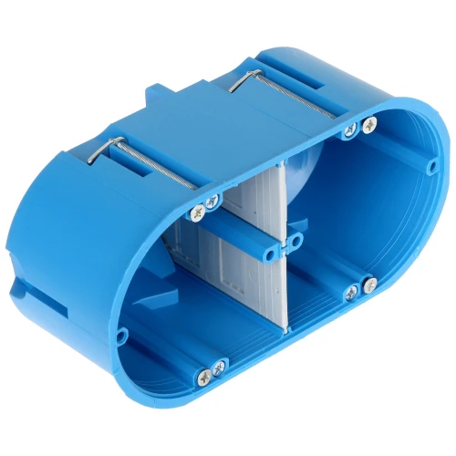 Podwójna puszka podtynkowa P-2x60-D Simet w kolorze niebieskim, wyposażona w metalowe uchwyty montażowe i otwory na śruby. Produkt przeznaczony do instalacji elektrycznych, umożliwiający montaż dwóch gniazd lub przełączników.