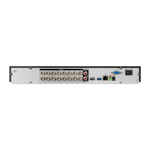 Zdjęcie przedstawia tylny panel rejestratora 16-kanałowego z różnymi portami i złączami, w tym BNC, HDMI, USB, Ethernet oraz zasilanie. Urządzenie ma srebrną obudowę z czarnymi i czerwonymi elementami.